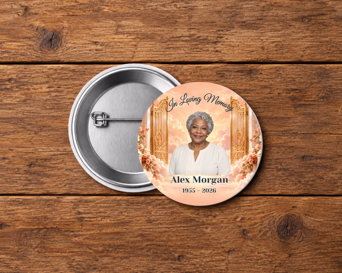 Personalized 2.25-inch memorial pin button, Design 020, with example portrait, name and dates