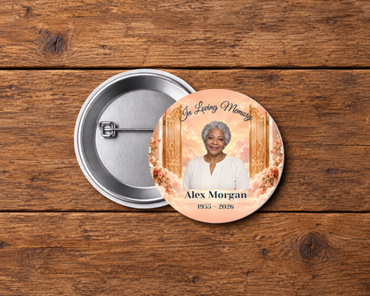 Personalized 2.25-inch memorial pin button, Design 020, with example portrait, name and dates