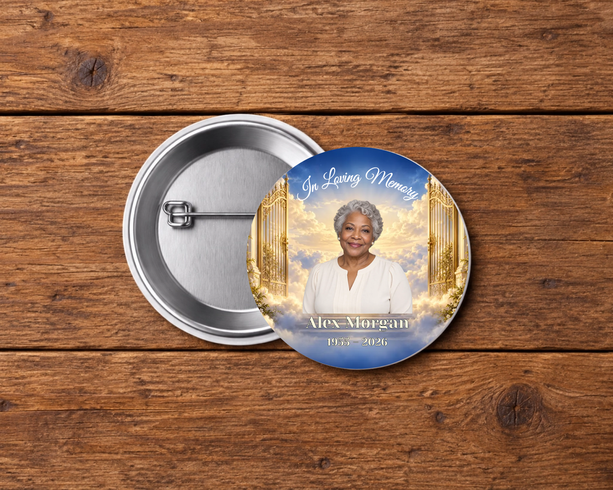 Personalized 2.25-inch memorial pin button, Design 021, with example portrait, name and dates
