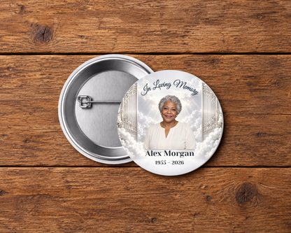 Personalized 2.25-inch memorial pin button, Design 022, with example portrait, name and dates