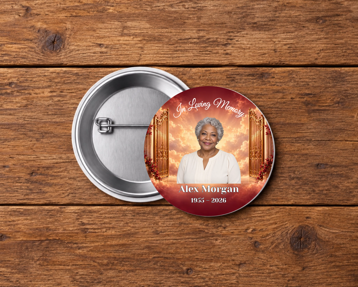 Personalized 2.25-inch memorial pin button, Design 023, with example portrait, name and dates