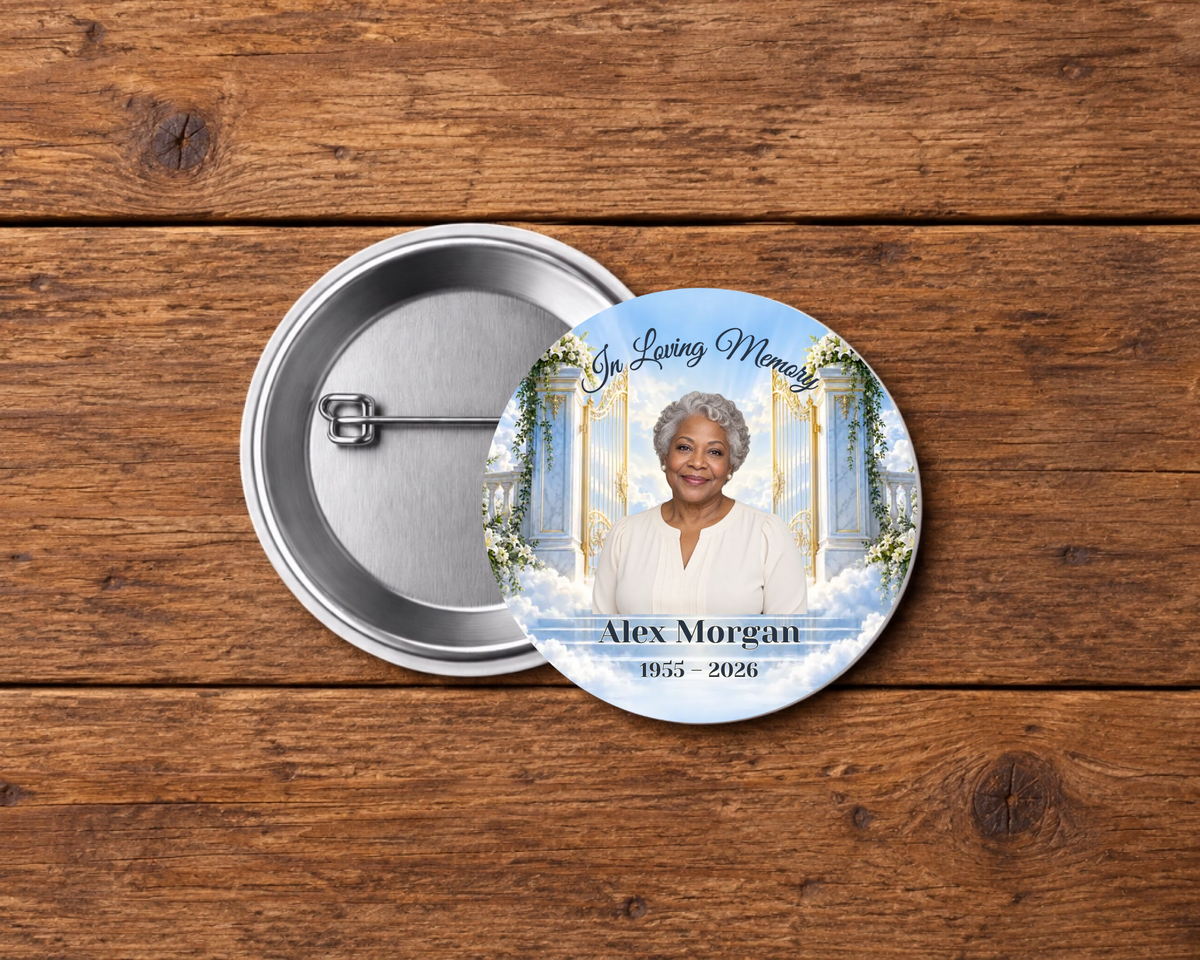 Personalized 2.25-inch memorial pin button, Design 024, with example portrait, name and dates