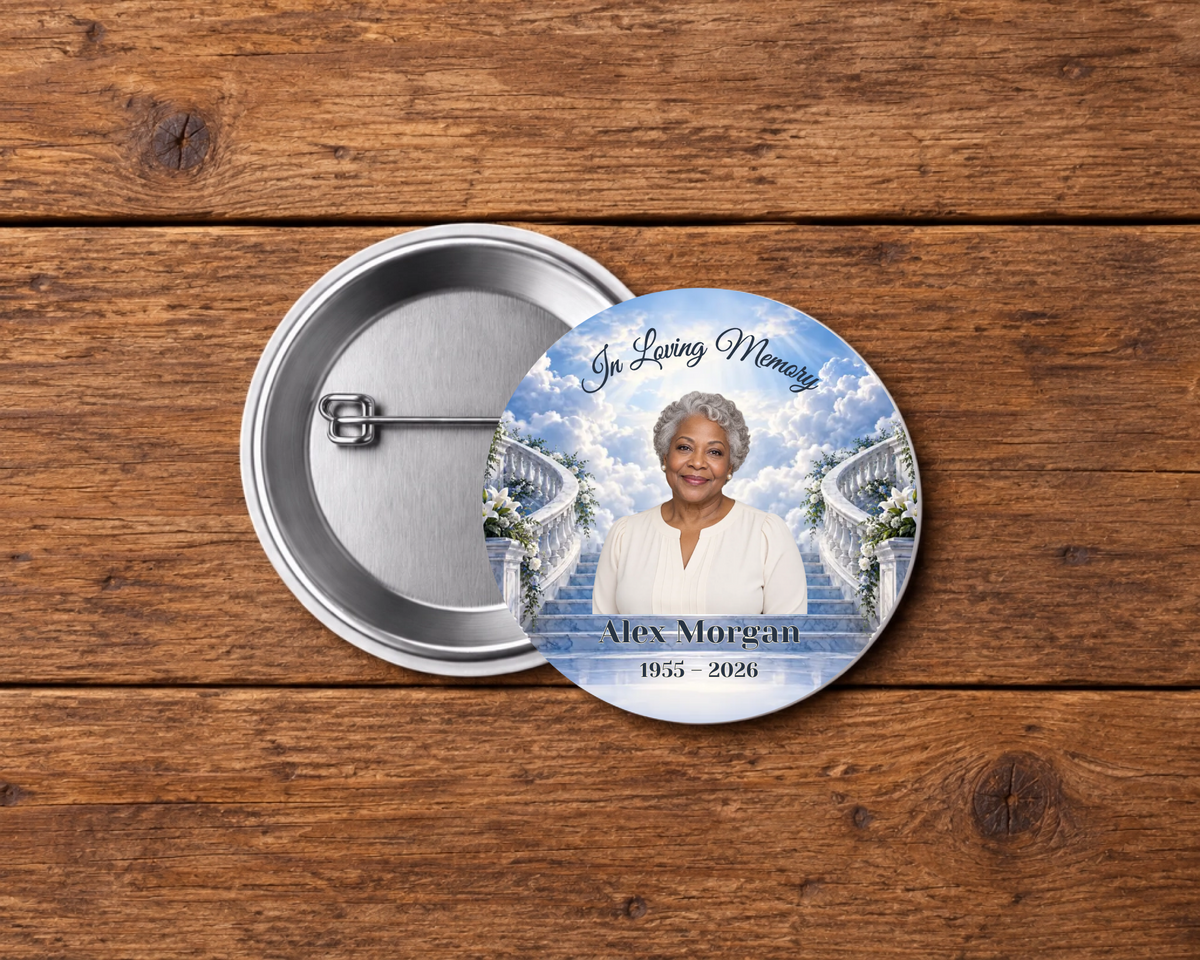 Personalized 2.25-inch memorial pin button, Design 025, with example portrait, name and dates