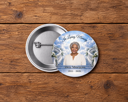 Personalized 2.25-inch memorial pin button, Design 025, with example portrait, name and dates