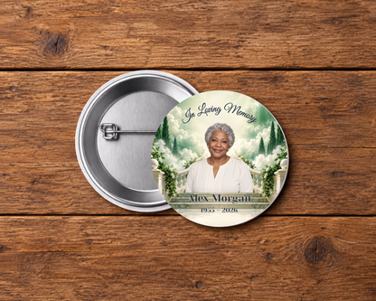 Personalized 2.25-inch memorial pin button, Design 026, with example portrait, name and dates