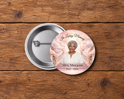 Personalized 2.25-inch memorial pin button, Design 027, with example portrait, name and dates