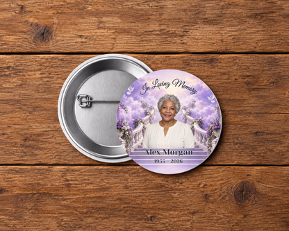 Personalized 2.25-inch memorial pin button, Design 028, with example portrait, name and dates