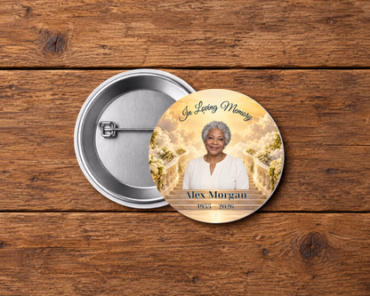 Personalized 2.25-inch memorial pin button, Design 029, with example portrait, name and dates