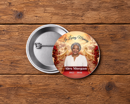 Personalized 2.25-inch memorial pin button, Design 030, with example portrait, name and dates