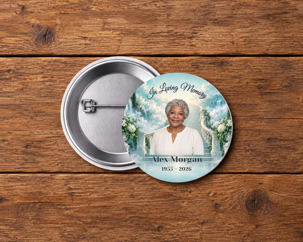 Personalized 2.25-inch memorial pin button, Design 031, with example portrait, name and dates