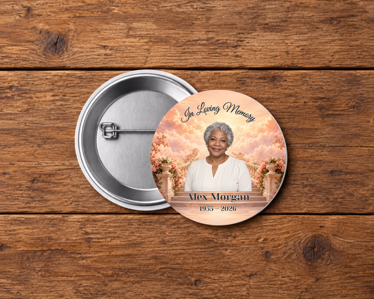 Personalized 2.25-inch memorial pin button, Design 032, with example portrait, name and dates