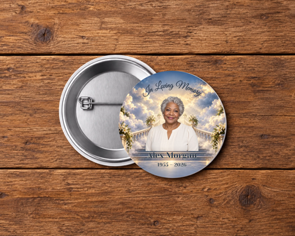 Personalized 2.25-inch memorial pin button, Design 033, with example portrait, name and dates