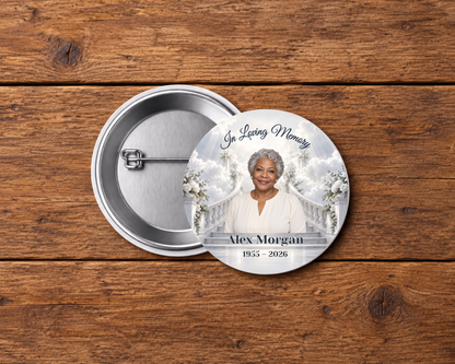 Personalized 2.25-inch memorial pin button, Design 034, with example portrait, name and dates