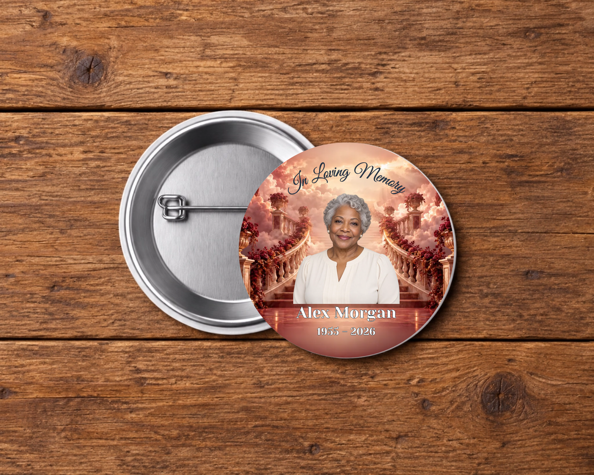 Personalized 2.25-inch memorial pin button, Design 035, with example portrait, name and dates