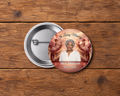 Personalized 2.25-inch memorial pin button, Design 035, with example portrait, name and dates