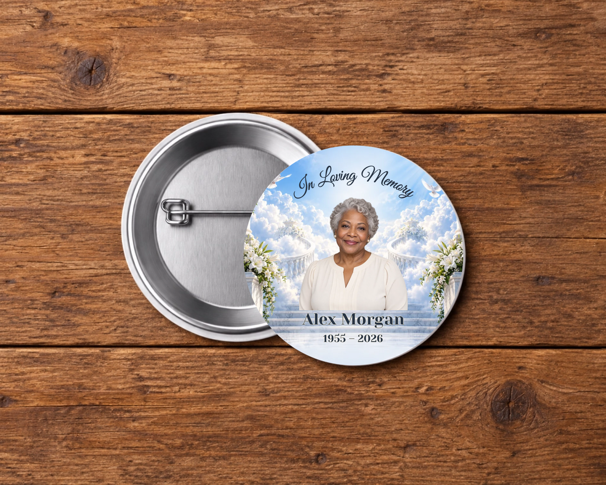 Personalized 2.25-inch memorial pin button, Design 036, with example portrait, name and dates