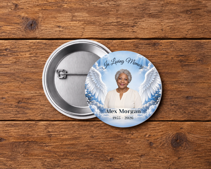 Personalized 2.25-inch memorial pin button, Design 037, with example portrait, name and dates