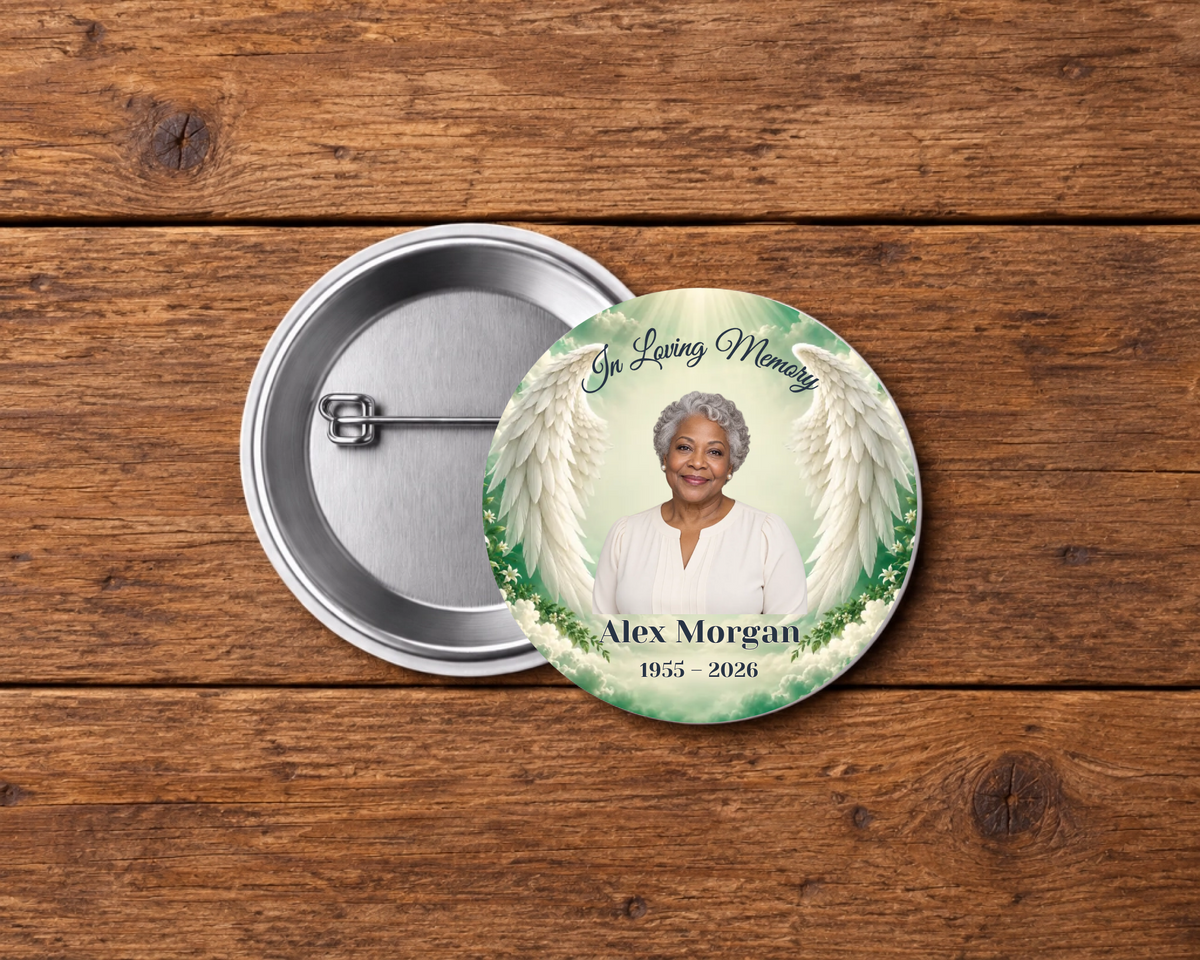 Personalized 2.25-inch memorial pin button, Design 038, with example portrait, name and dates