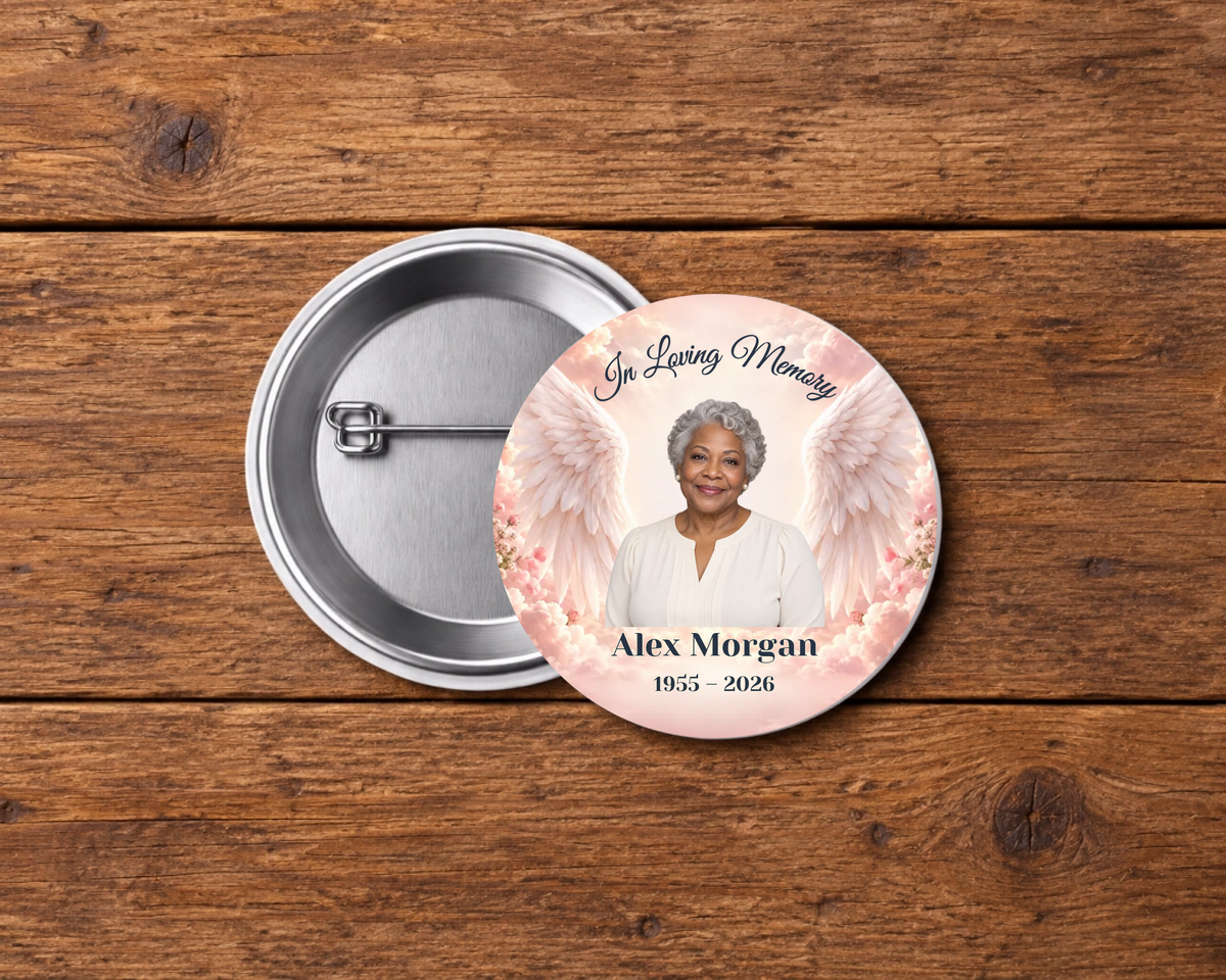 Personalized 2.25-inch memorial pin button, Design 039, with example portrait, name and dates