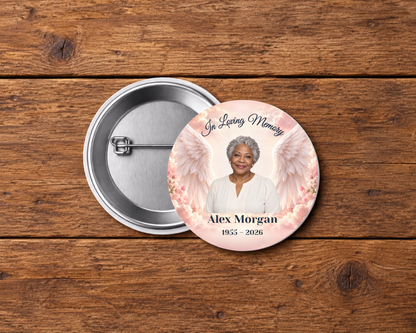 Personalized 2.25-inch memorial pin button, Design 039, with example portrait, name and dates
