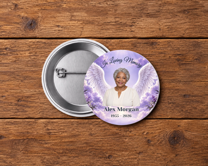 Personalized 2.25-inch memorial pin button, Design 040, with example portrait, name and dates