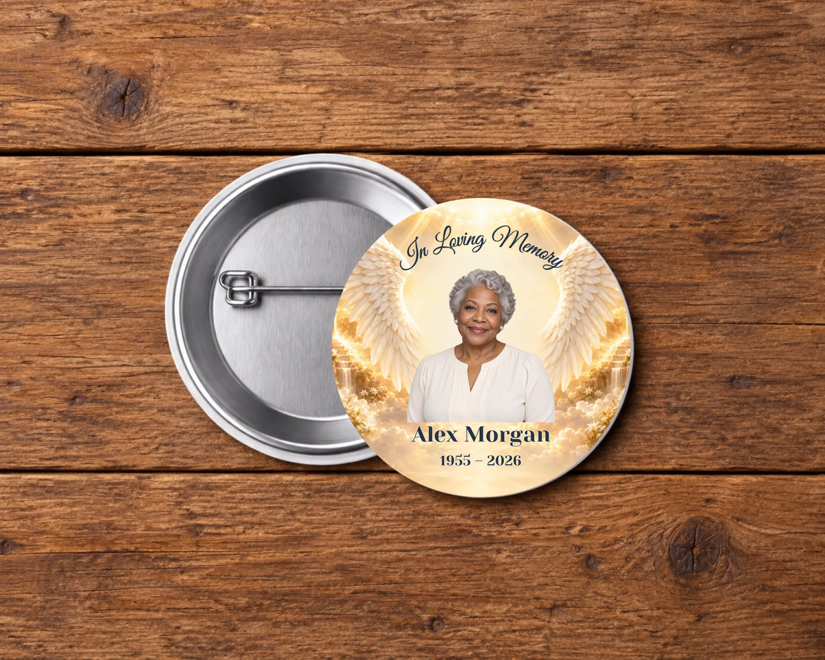 Personalized 2.25-inch memorial pin button, Design 041, with example portrait, name and dates