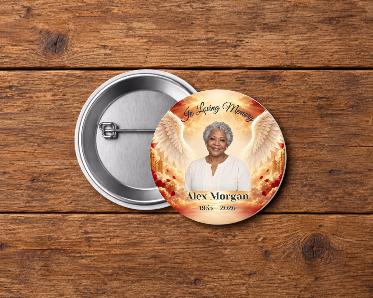 Personalized 2.25-inch memorial pin button, Design 042, with example portrait, name and dates