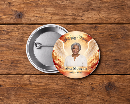 Personalized 2.25-inch memorial pin button, Design 042, with example portrait, name and dates