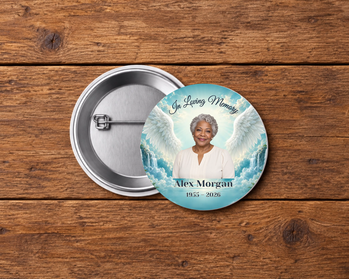 Personalized 2.25-inch memorial pin button, Design 043, with example portrait, name and dates