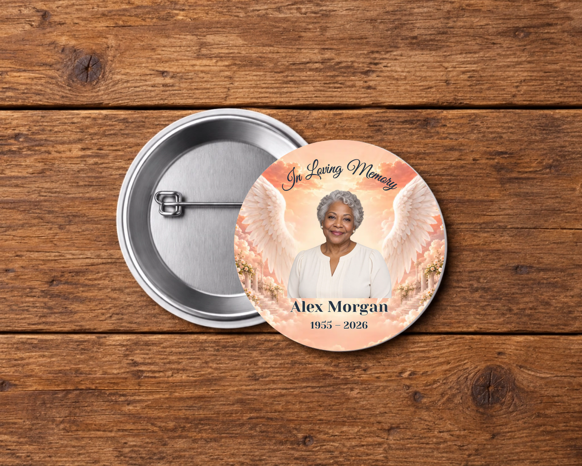 Personalized 2.25-inch memorial pin button, Design 044, with example portrait, name and dates