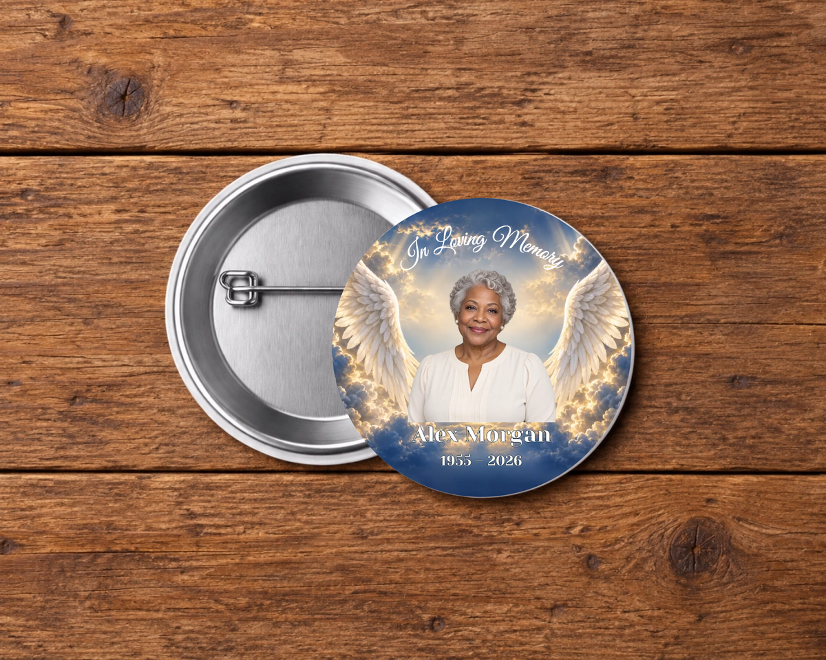 Personalized 2.25-inch memorial pin button, Design 045, with example portrait, name and dates