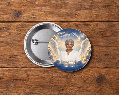Personalized 2.25-inch memorial pin button, Design 045, with example portrait, name and dates
