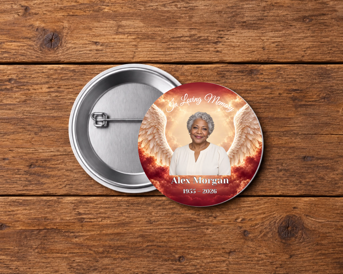 Personalized 2.25-inch memorial pin button, Design 047, with example portrait, name and dates
