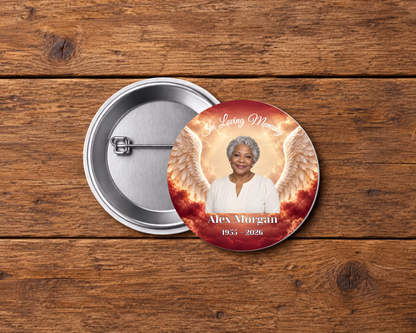 Personalized 2.25-inch memorial pin button, Design 047, with example portrait, name and dates