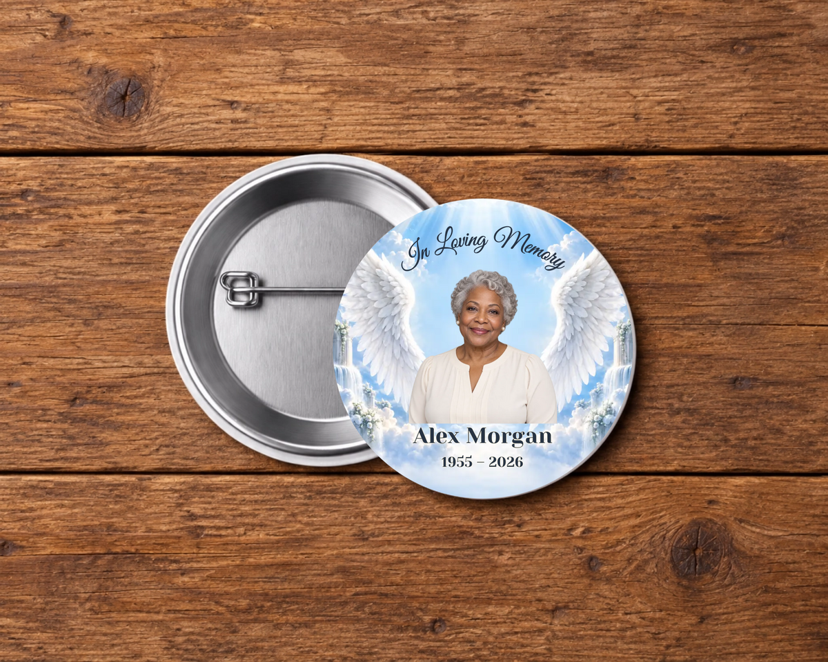 Personalized 2.25-inch memorial pin button, Design 048, with example portrait, name and dates