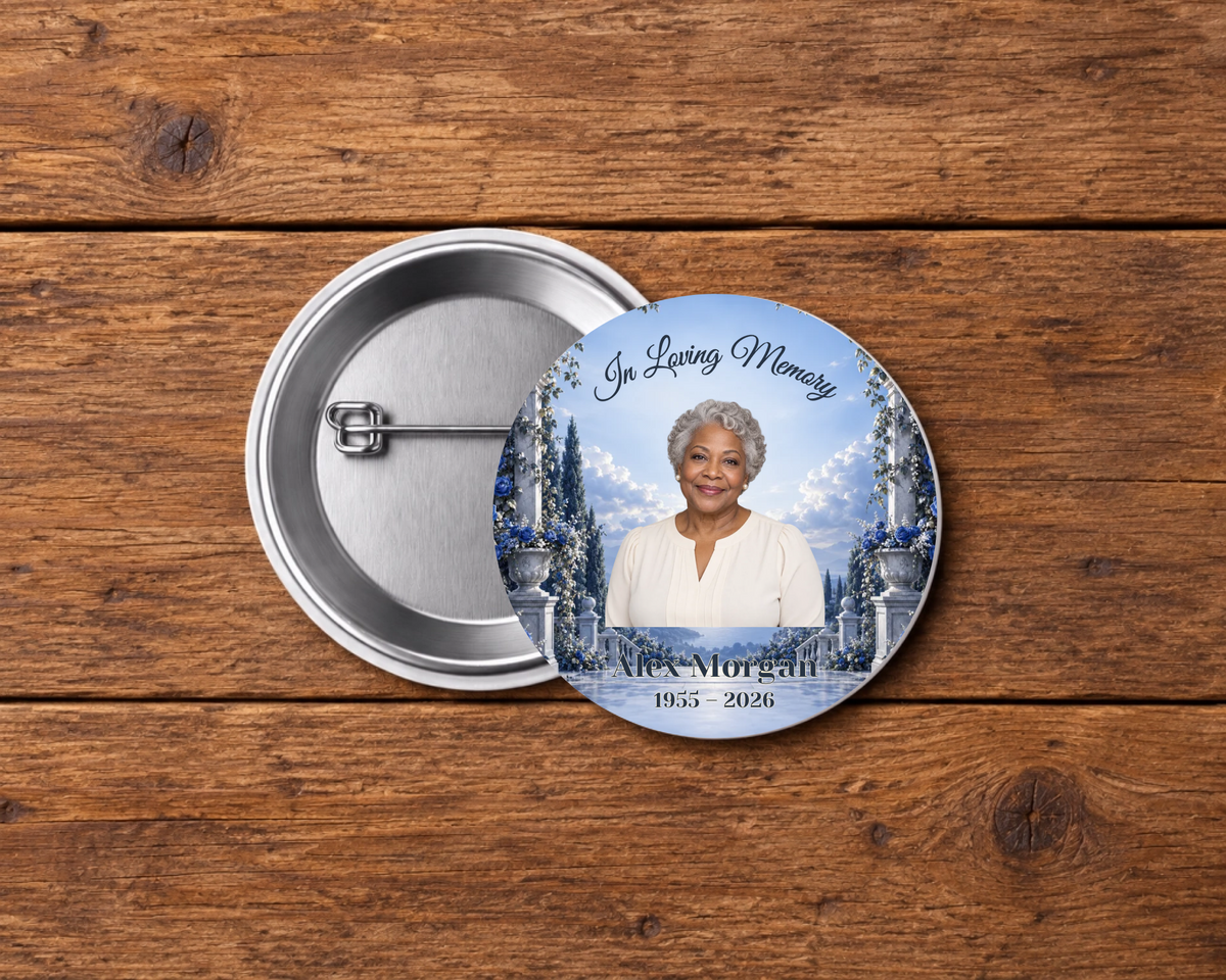 Personalized 2.25-inch memorial pin button, Design 049, with example portrait, name and dates