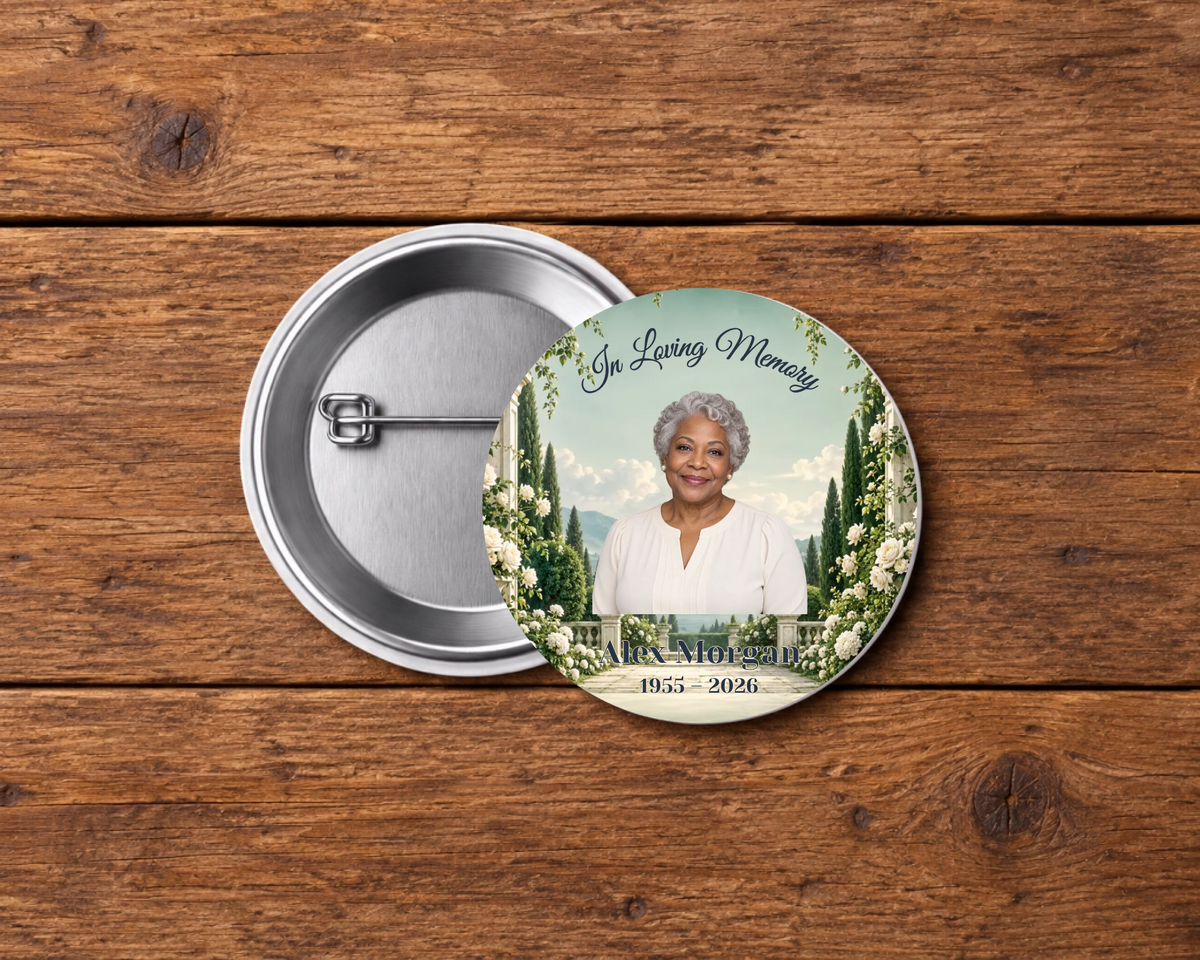 Personalized 2.25-inch memorial pin button, Design 050, with example portrait, name and dates