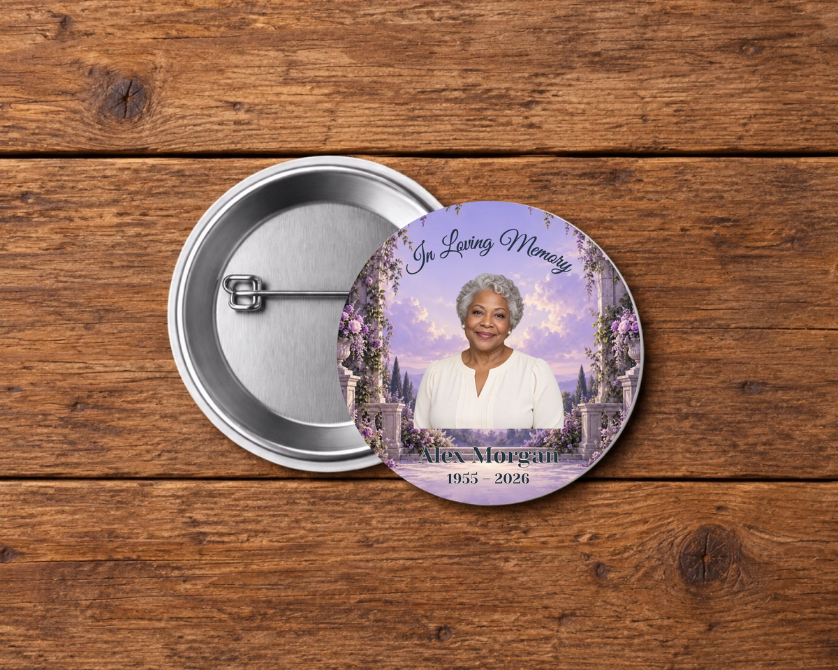Personalized 2.25-inch memorial pin button, Design 052, with example portrait, name and dates
