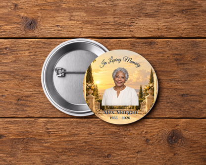 Personalized 2.25-inch memorial pin button, Design 053, with example portrait, name and dates