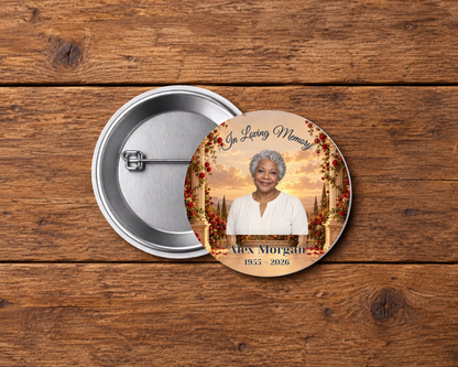 Personalized 2.25-inch memorial pin button, Design 054, with example portrait, name and dates