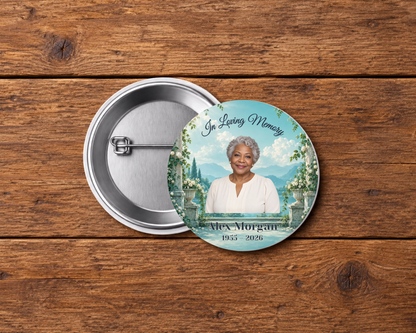 Personalized 2.25-inch memorial pin button, Design 055, with example portrait, name and dates