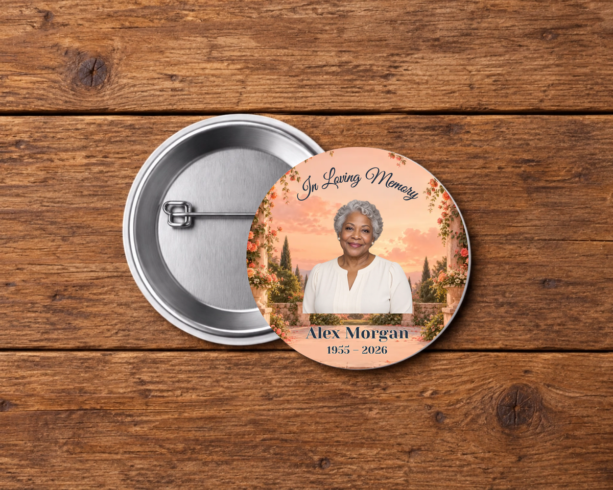 Personalized 2.25-inch memorial pin button, Design 056, with example portrait, name and dates
