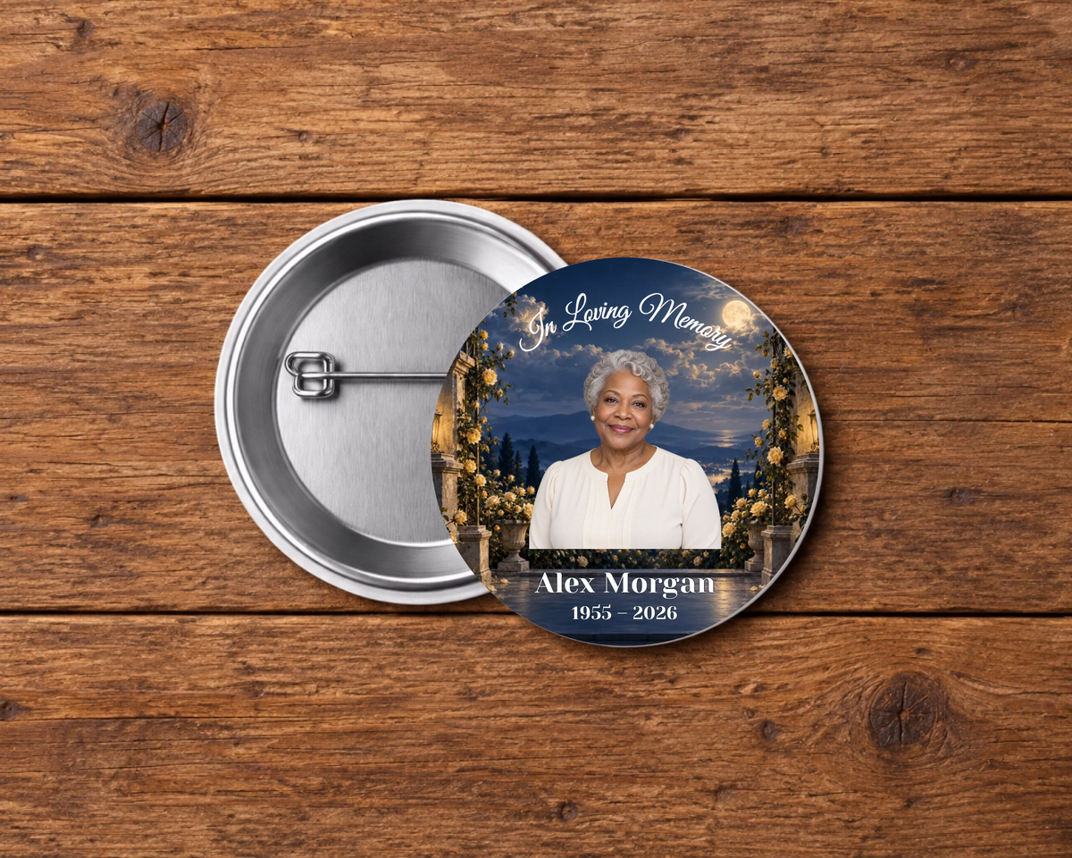 Personalized 2.25-inch memorial pin button, Design 057, with example portrait, name and dates