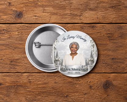 Personalized 2.25-inch memorial pin button, Design 058, with example portrait, name and dates