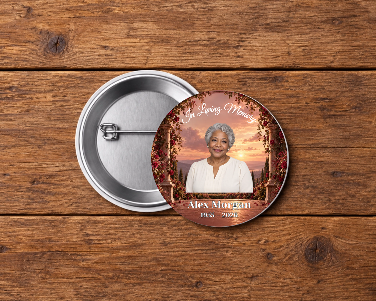 Personalized 2.25-inch memorial pin button, Design 059, with example portrait, name and dates
