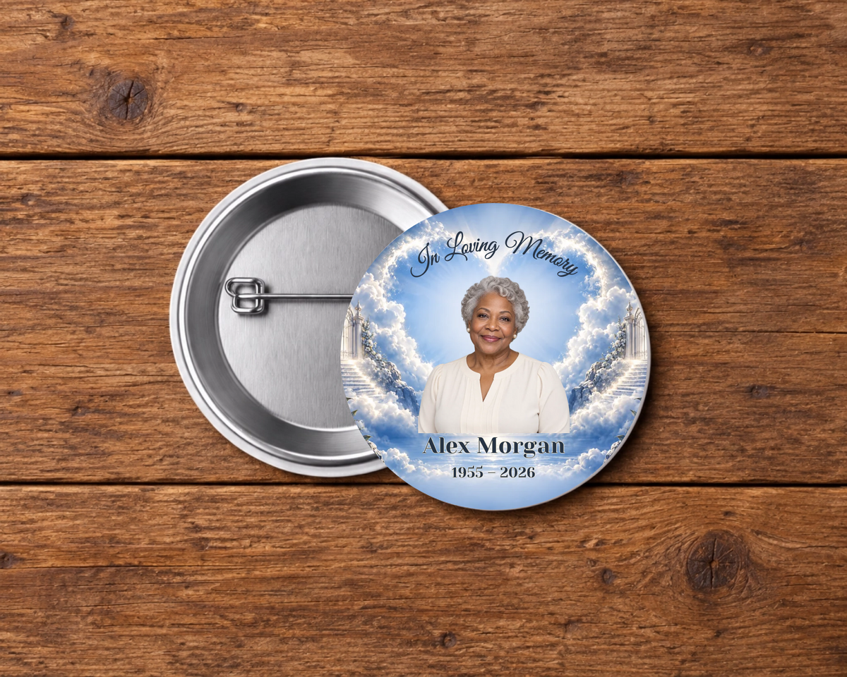 Personalized 2.25-inch memorial pin button, Design 061, with example portrait, name and dates