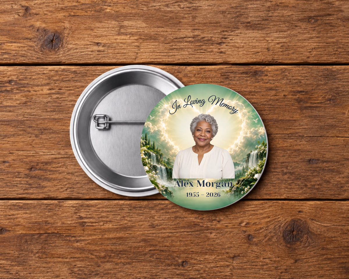 Personalized 2.25-inch memorial pin button, Design 062, with example portrait, name and dates