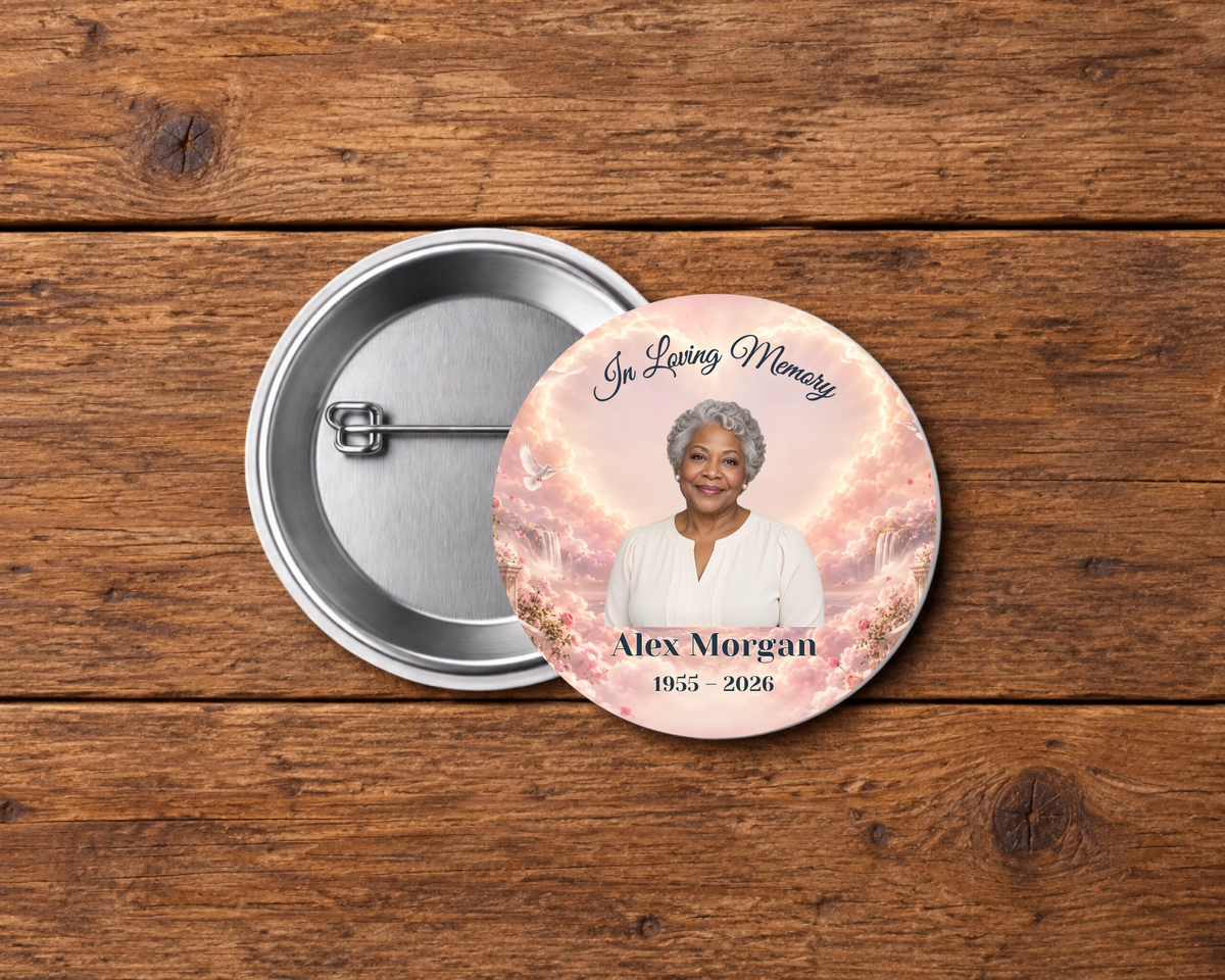 Personalized 2.25-inch memorial pin button, Design 063, with example portrait, name and dates