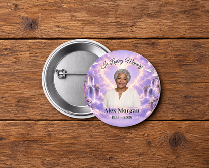 Personalized 2.25-inch memorial pin button, Design 064, with example portrait, name and dates