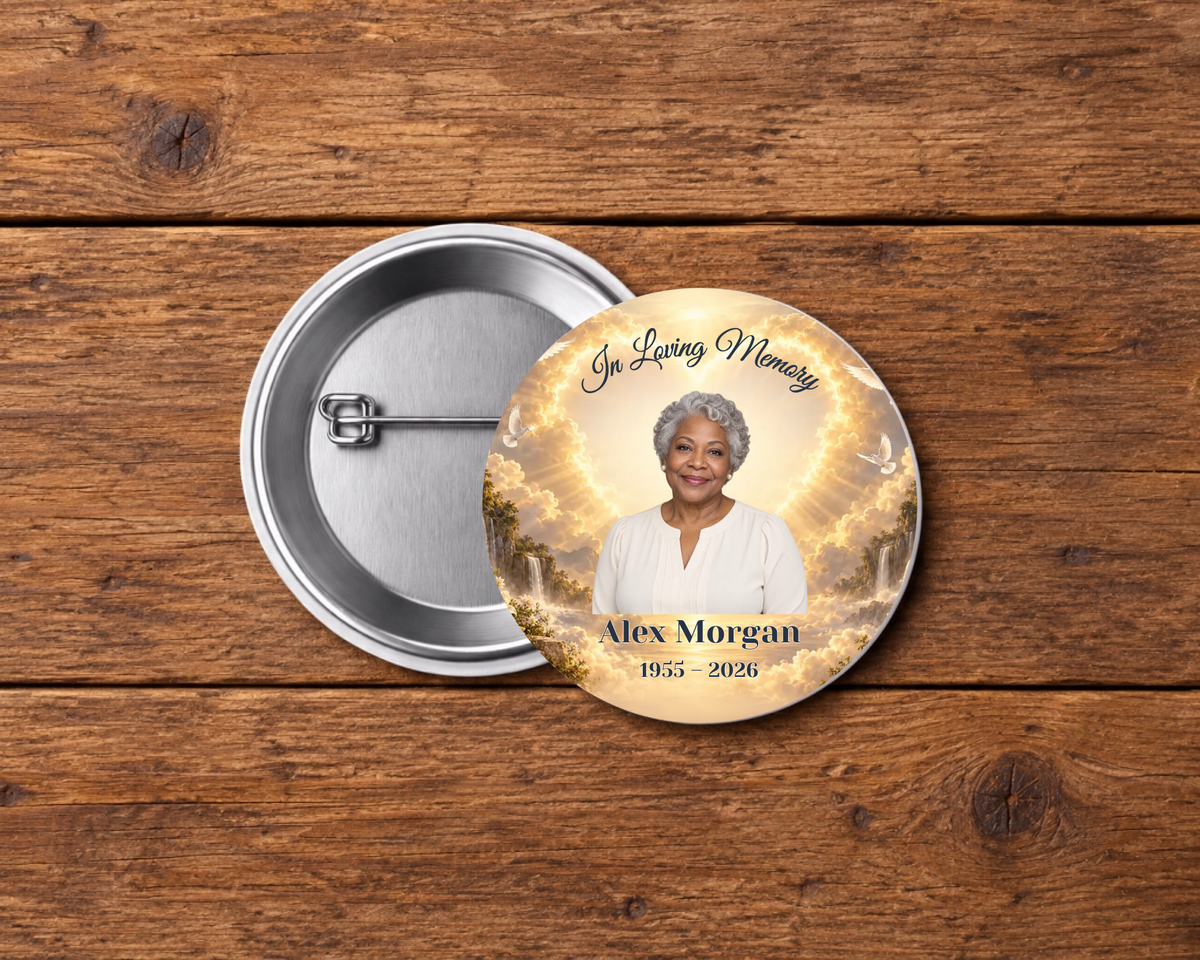 Personalized 2.25-inch memorial pin button, Design 065, with example portrait, name and dates
